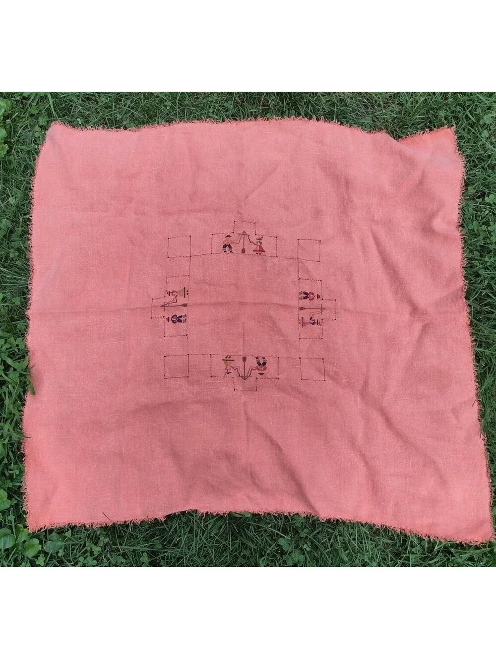 Vintage 1940s Maypole Embroidered Table Topper Folk Art Coral 33x36